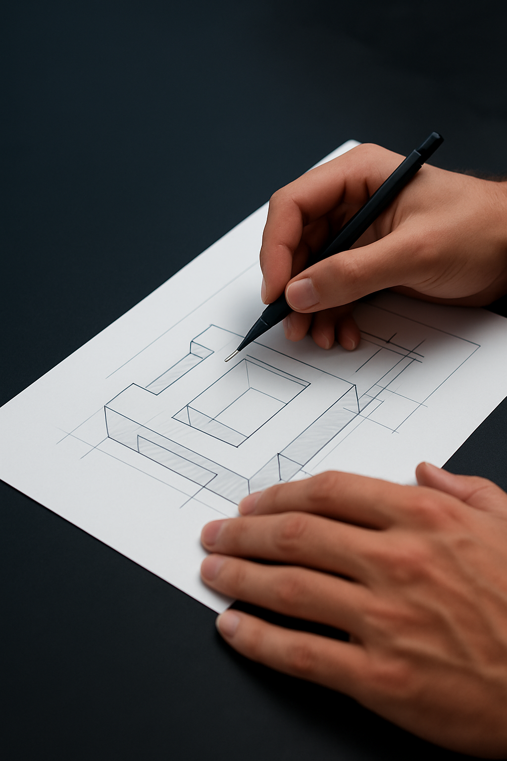Hand sketching technical drawings as part of the product design process.